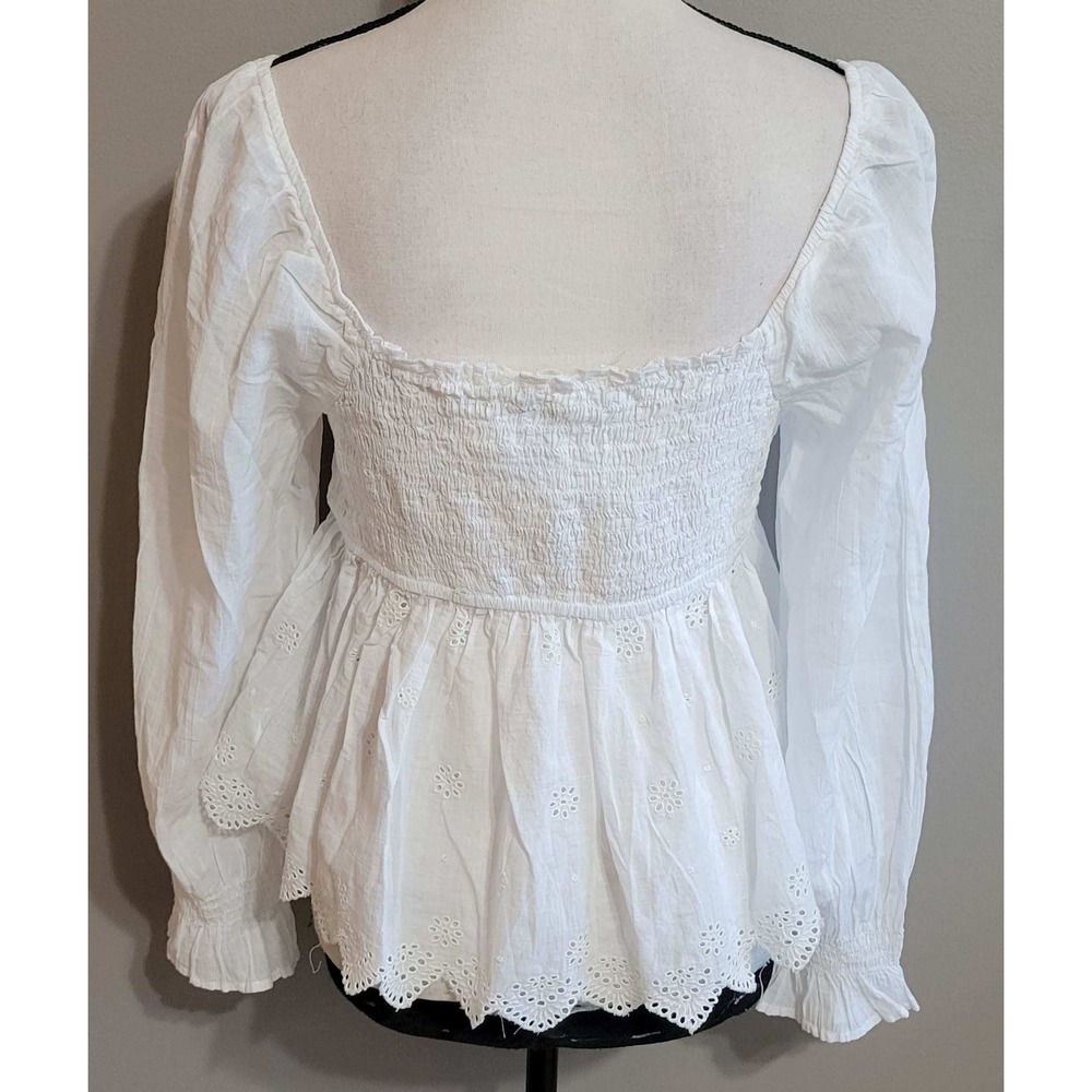 White Smocked Peplum Long-Sleeve Top - Picture 2 of 8